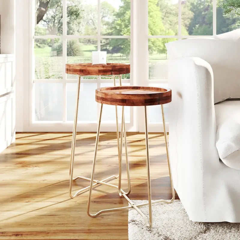 Gold Iron And Natural Wood Round Accent Table by East at Main
