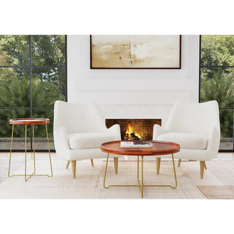 Table d'appoint ronde East at Main en bois naturel, fer et or