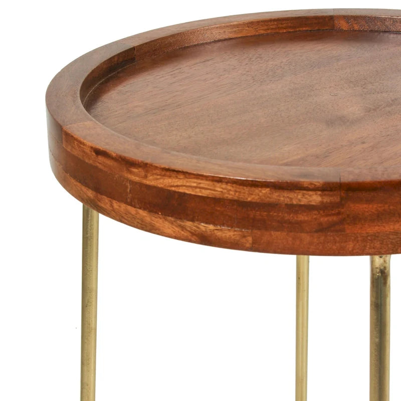 Table d'appoint ronde East at Main en bois naturel, fer et or