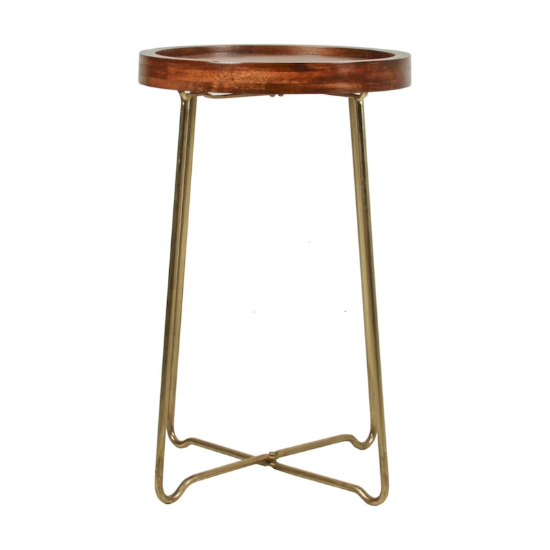 Table d'appoint ronde East at Main en bois naturel, fer et or