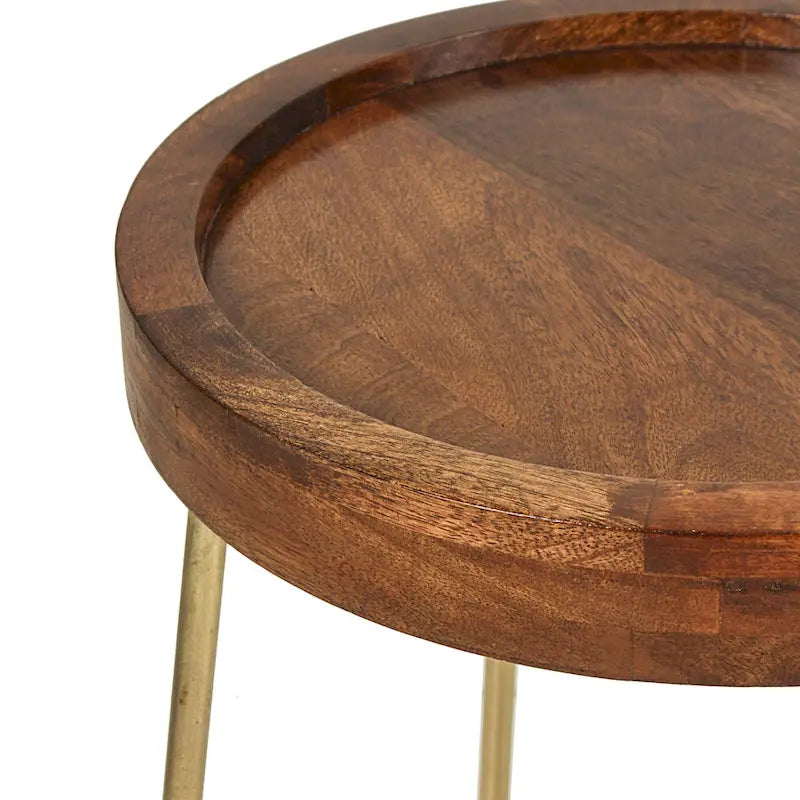 Table d'appoint ronde East at Main en bois naturel, fer et or