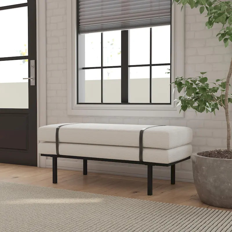 Banc rembourré HomePop avec piètement en métal – Boucle crème