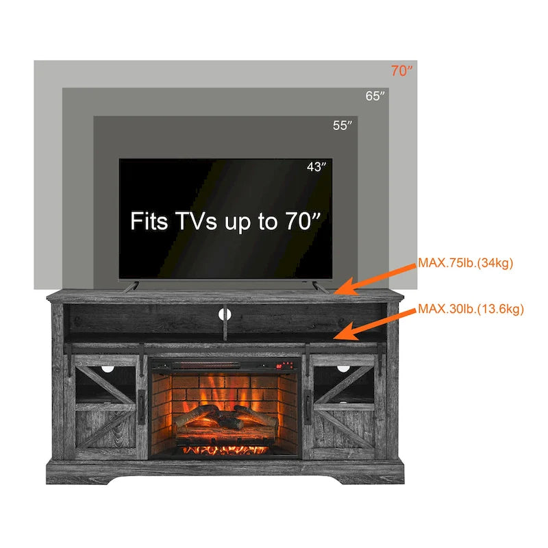 Meuble TV cheminée électrique de 60 pouces avec capteur de porte