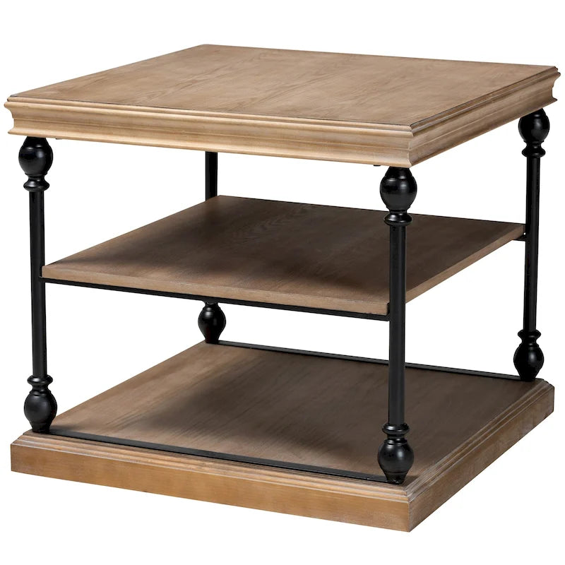 Table d'appoint à 3 niveaux Sebastian, style industriel traditionnel, bois et métal noir
