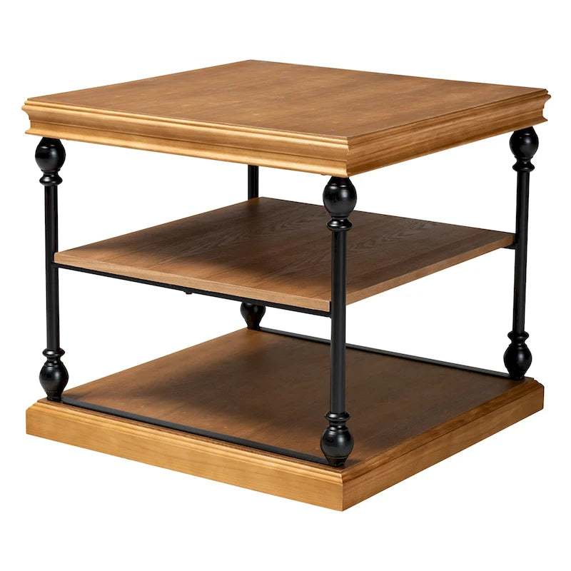 Table d'appoint à 3 niveaux Sebastian, style industriel traditionnel, bois et métal noir