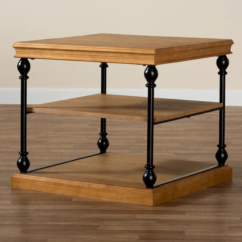 Table d'appoint à 3 niveaux Sebastian, style industriel traditionnel, bois et métal noir