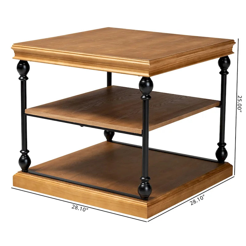 Table d'appoint à 3 niveaux Sebastian, style industriel traditionnel, bois et métal noir