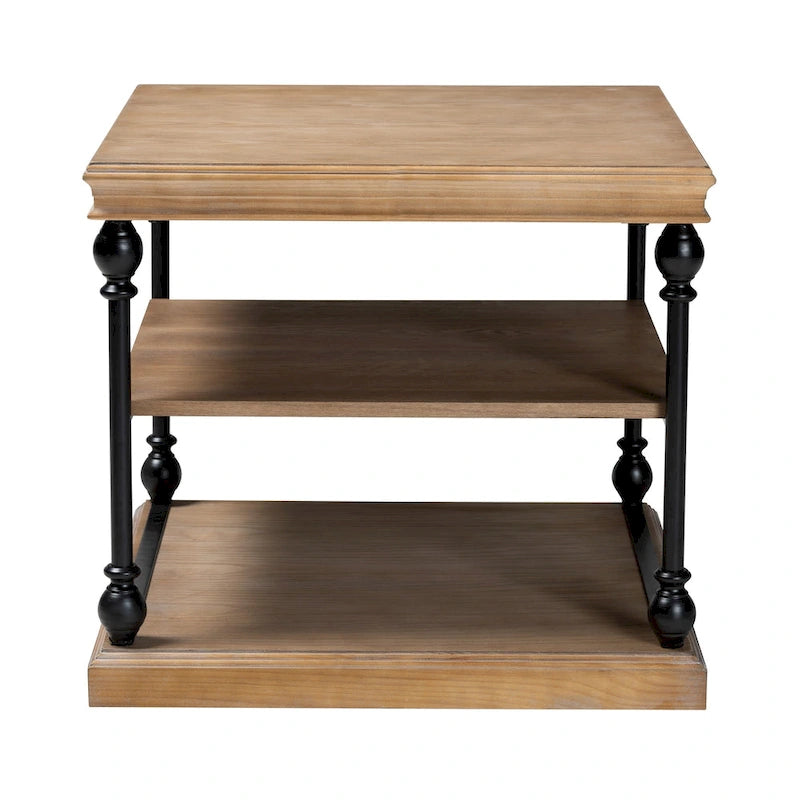 Table d'appoint à 3 niveaux Sebastian, style industriel traditionnel, bois et métal noir
