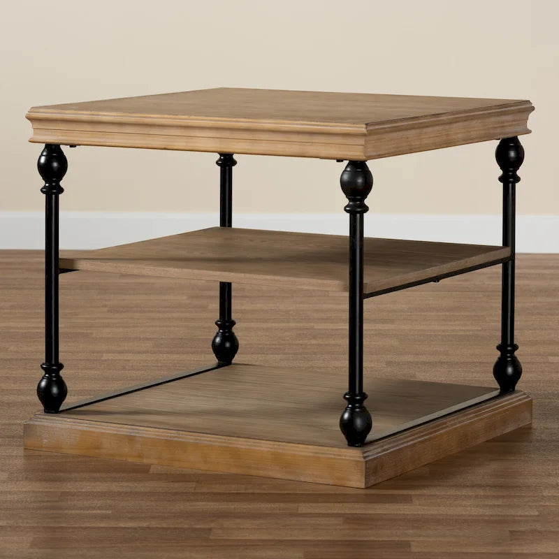 Table d'appoint à 3 niveaux Sebastian, style industriel traditionnel, bois et métal noir