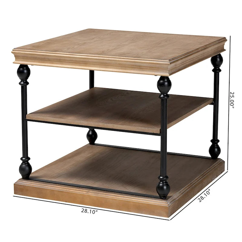 Table d'appoint à 3 niveaux Sebastian, style industriel traditionnel, bois et métal noir