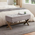 Banc d'entrée en tissu beige/gris avec rangement et pieds en X, 91 cm