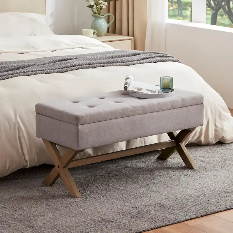 Banc d'entrée en tissu beige/gris avec rangement et pieds en X, 91 cm