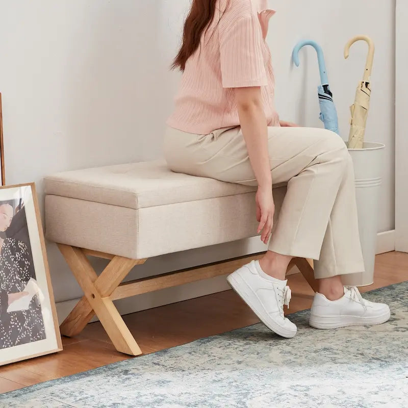 Banc d'entrée en tissu beige/gris avec rangement et pieds en X, 91 cm