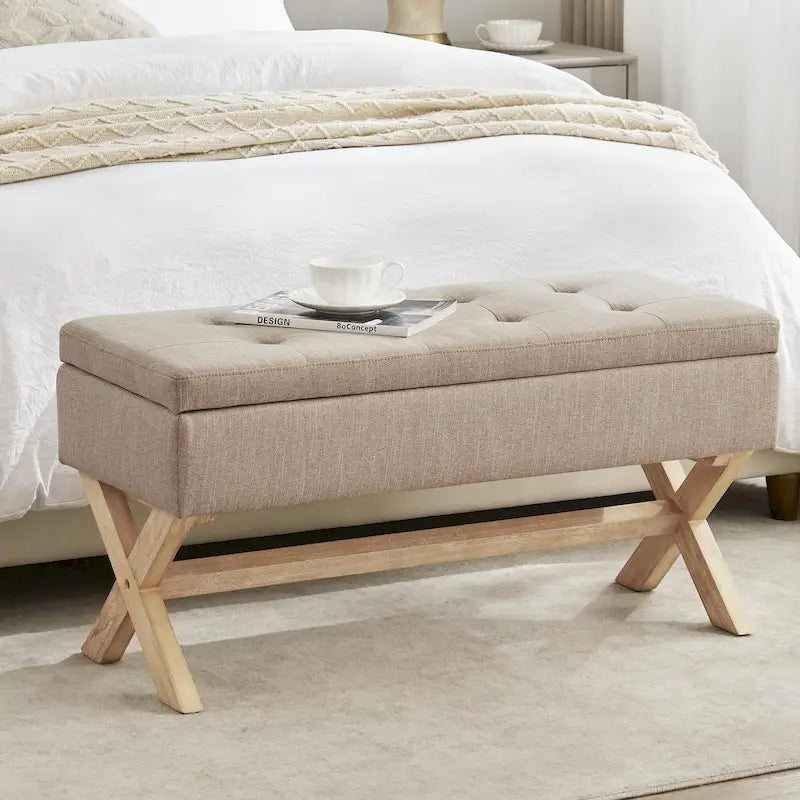 Banc d'entrée en tissu beige/gris avec rangement et pieds en X, 91 cm