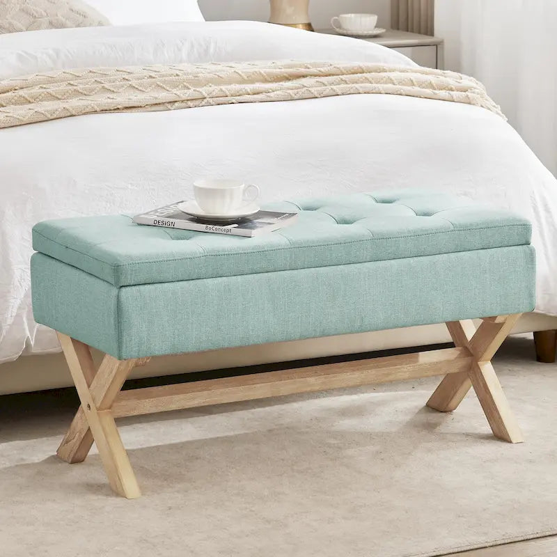 Banc d'entrée en tissu beige/gris avec rangement et pieds en X, 91 cm