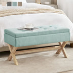 Banc d'entrée en tissu beige/gris avec rangement et pieds en X, 91 cm