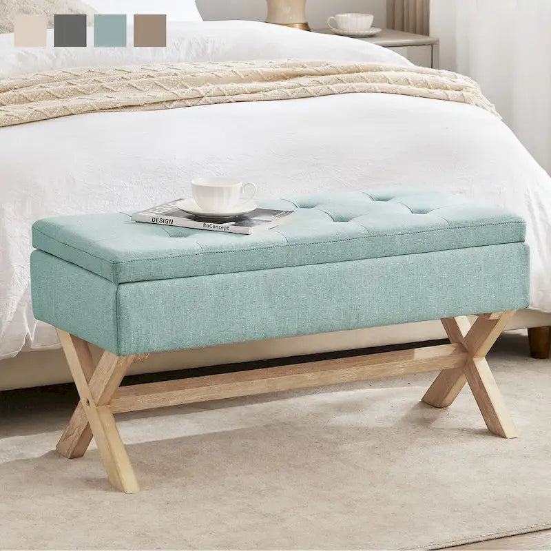 Banc d'entrée en tissu beige/gris avec rangement et pieds en X, 91 cm
