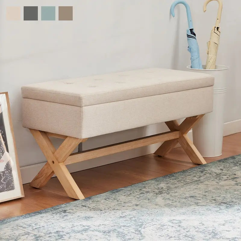 Banc d'entrée en tissu beige/gris avec rangement et pieds en X, 91 cm