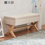 Banc d'entrée en tissu beige/gris avec rangement et pieds en X, 91 cm