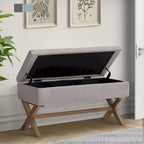 Banc d'entrée en tissu beige/gris avec rangement et pieds en X, 91 cm