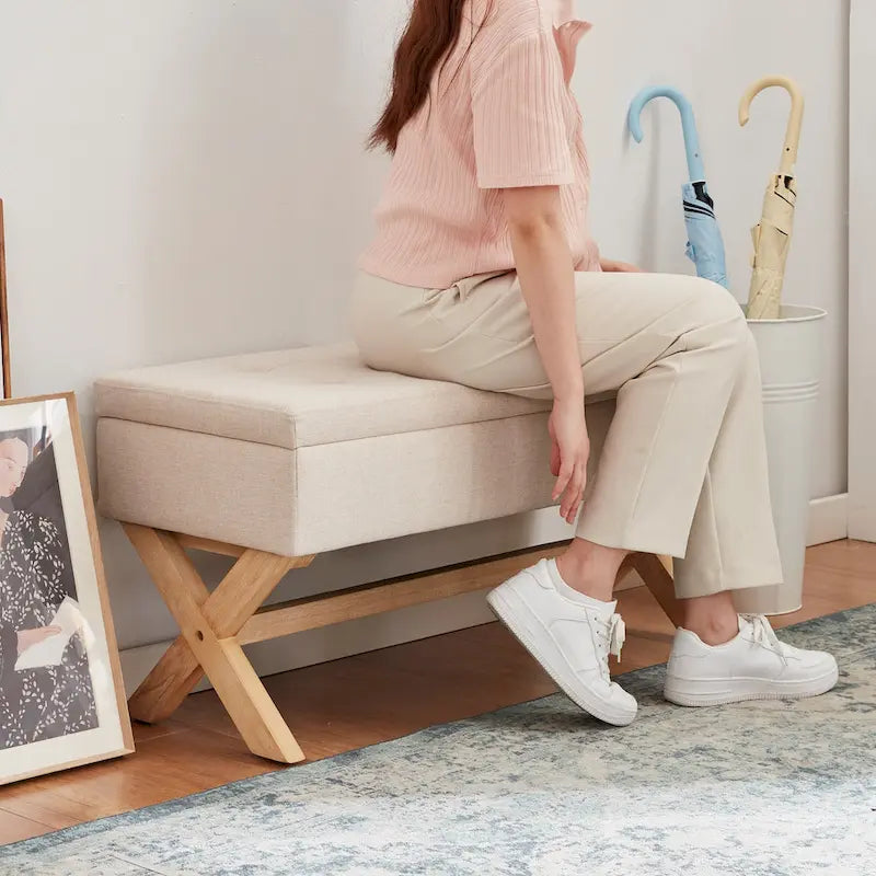 Banc d'entrée en tissu beige/gris avec rangement et pieds en X, 91 cm