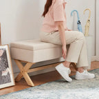 Banc d'entrée en tissu beige/gris avec rangement et pieds en X, 91 cm