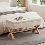 Banc d'entrée en tissu beige/gris avec rangement et pieds en X, 91 cm