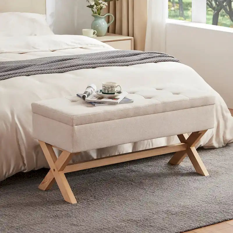 Banc d'entrée en tissu beige/gris avec rangement et pieds en X, 91 cm