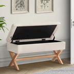 Banc d'entrée en tissu beige/gris avec rangement et pieds en X, 91 cm