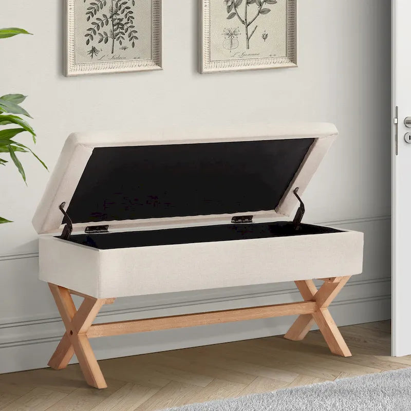 Banc d'entrée en tissu beige/gris avec rangement et pieds en X, 91 cm