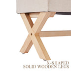 Banc d'entrée en tissu beige/gris avec rangement et pieds en X, 91 cm