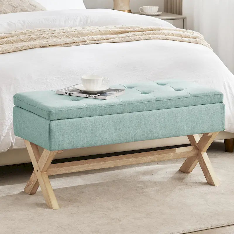 Banc d'entrée en tissu beige/gris avec rangement et pieds en X, 91 cm