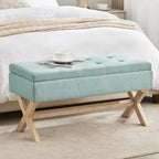 Banc d'entrée en tissu beige/gris avec rangement et pieds en X, 91 cm