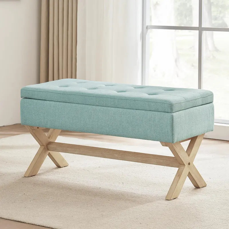 Banc d'entrée en tissu beige/gris avec rangement et pieds en X, 91 cm