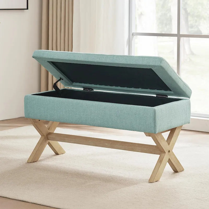Banc d'entrée en tissu beige/gris avec rangement et pieds en X, 91 cm
