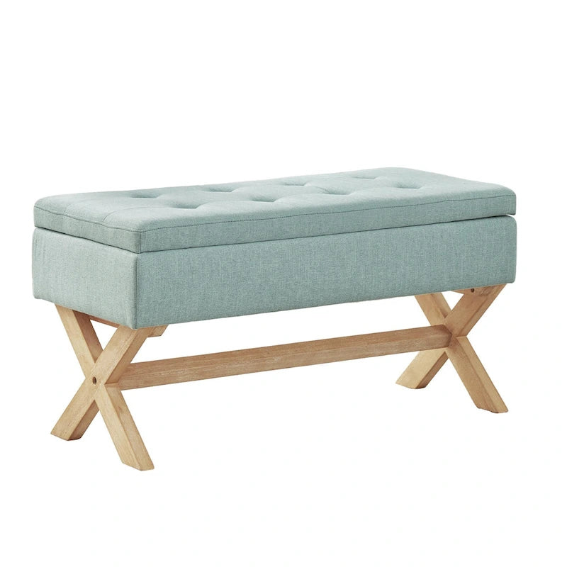 Banc d'entrée en tissu beige/gris avec rangement et pieds en X, 91 cm