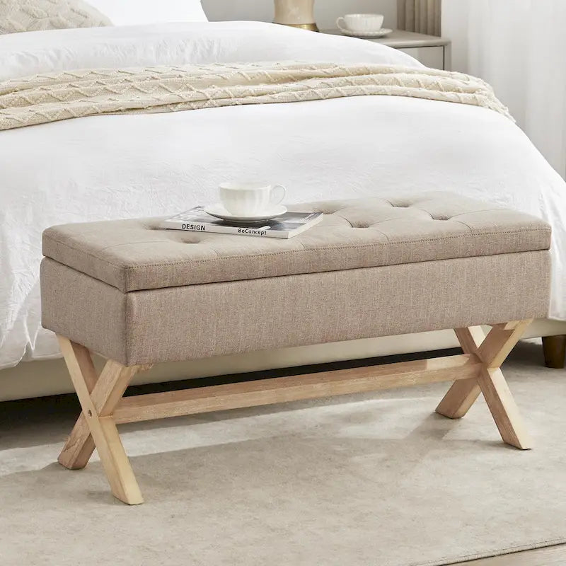Banc d'entrée en tissu beige/gris avec rangement et pieds en X, 91 cm