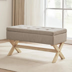 Banc d'entrée en tissu beige/gris avec rangement et pieds en X, 91 cm