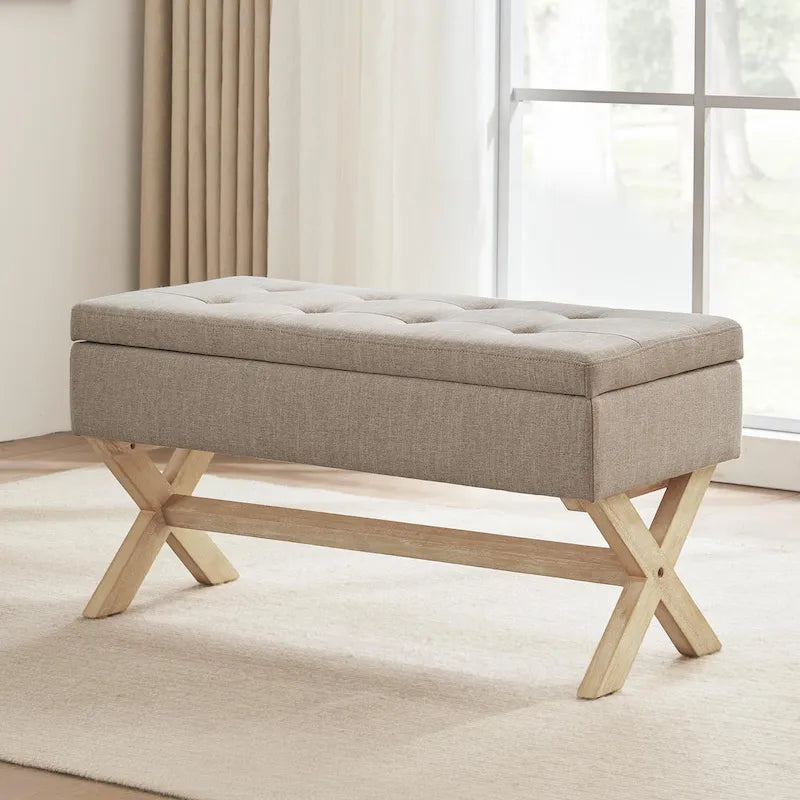 Banc d'entrée en tissu beige/gris avec rangement et pieds en X, 91 cm