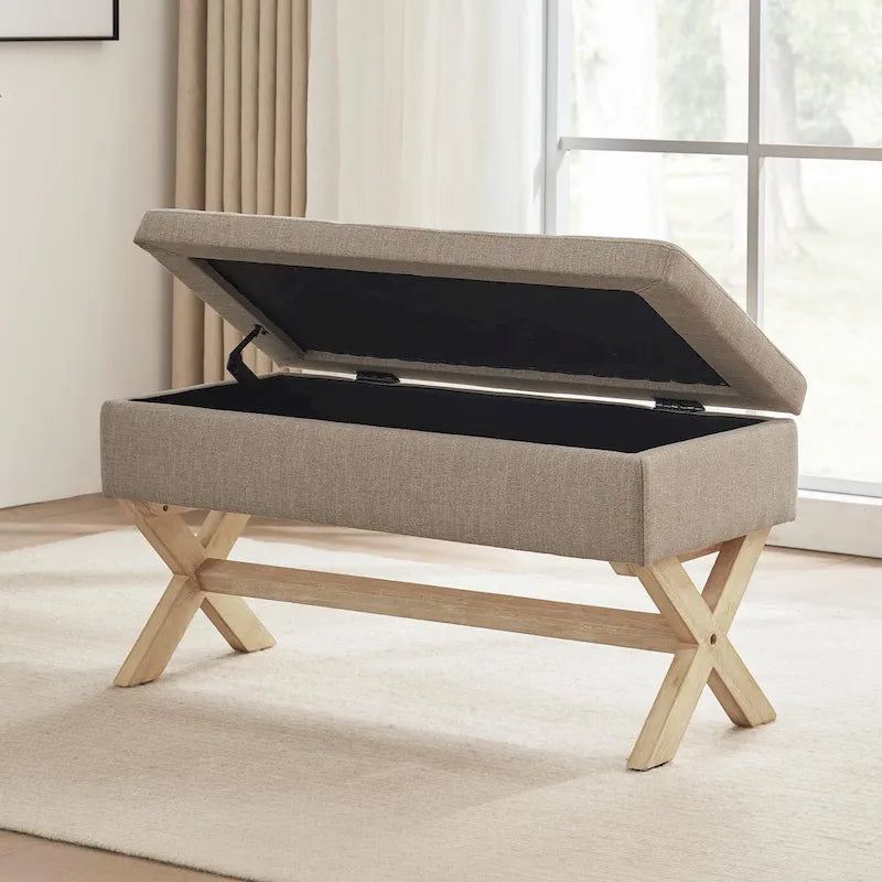 Banc d'entrée en tissu beige/gris avec rangement et pieds en X, 91 cm