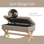Banc d'entrée en tissu beige/gris avec rangement et pieds en X, 91 cm
