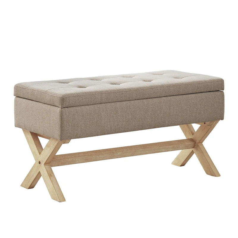 Banc d'entrée en tissu beige/gris avec rangement et pieds en X, 91 cm
