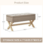 Banc d'entrée en tissu beige/gris avec rangement et pieds en X, 91 cm