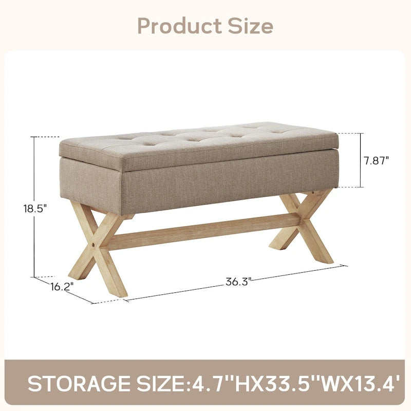 Banc d'entrée en tissu beige/gris avec rangement et pieds en X, 91 cm