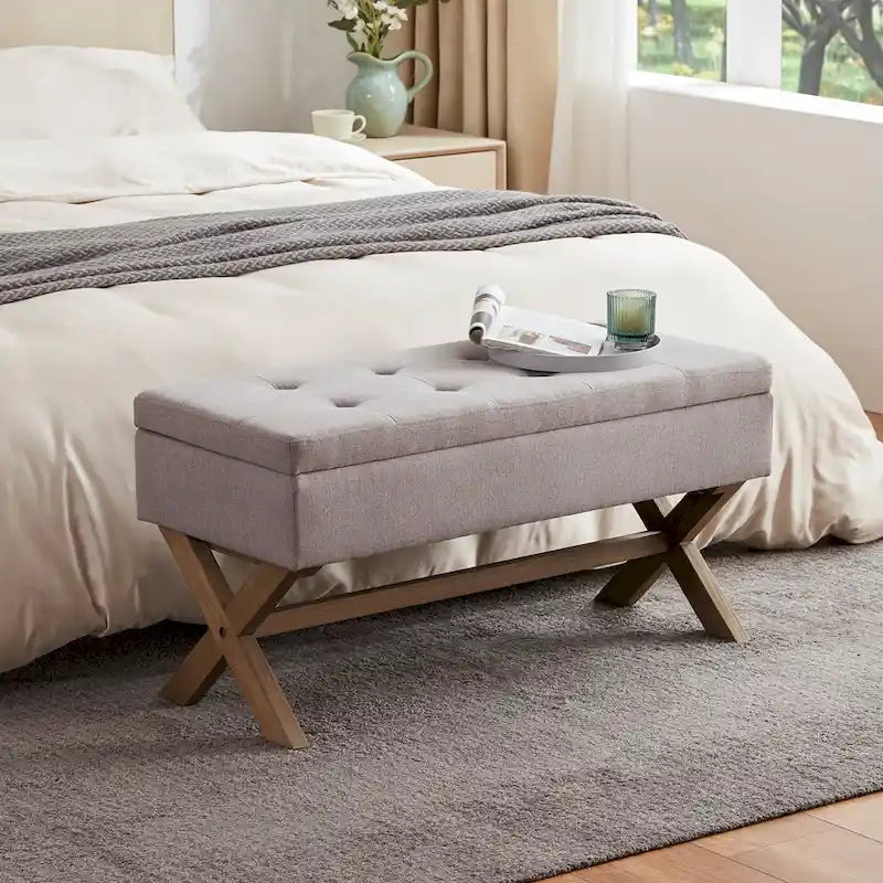 Banc d'entrée en tissu beige/gris avec rangement et pieds en X, 91 cm