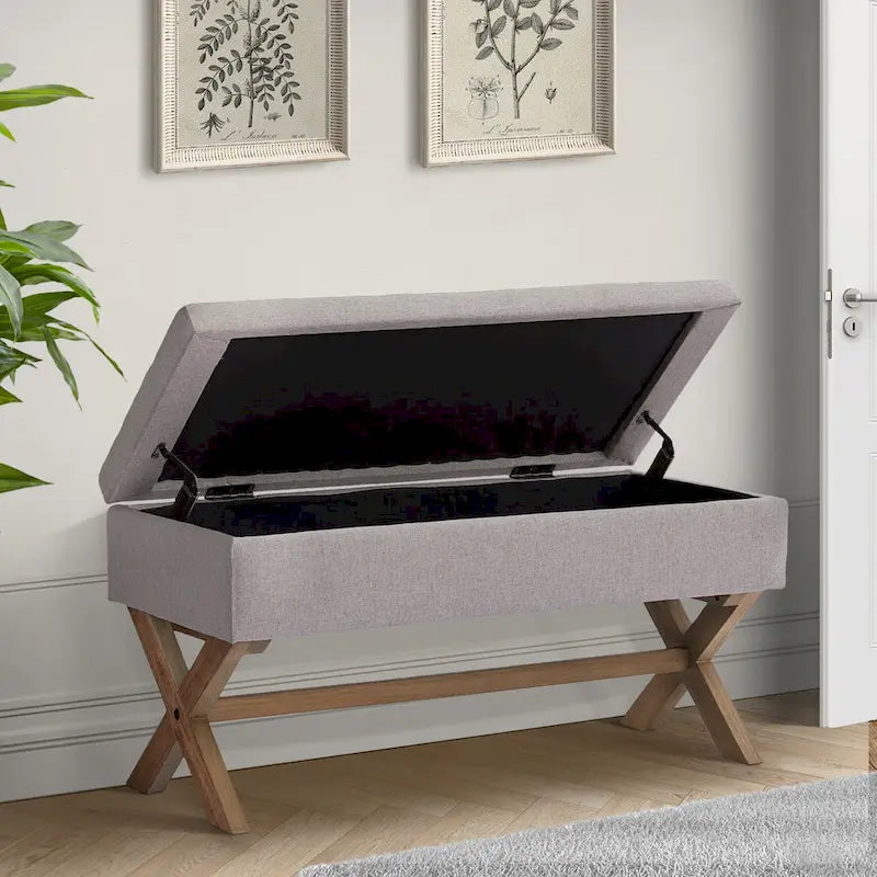 Banc d'entrée en tissu beige/gris avec rangement et pieds en X, 91 cm