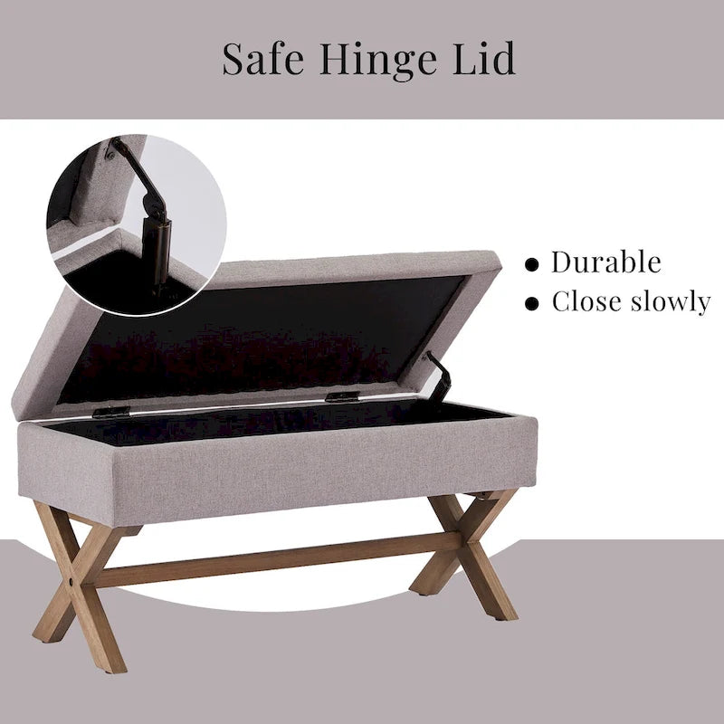 Banc d'entrée en tissu beige/gris avec rangement et pieds en X, 91 cm