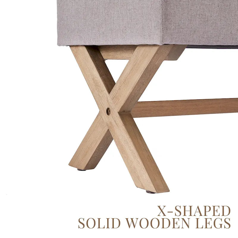 Banc d'entrée en tissu beige/gris avec rangement et pieds en X, 91 cm