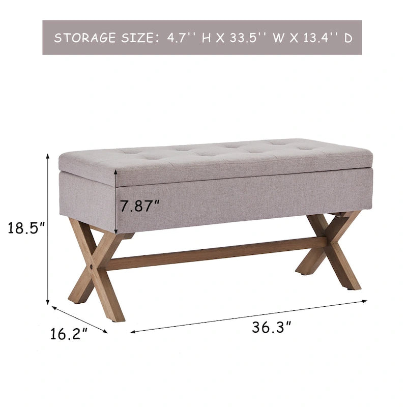 Banc d'entrée en tissu beige/gris avec rangement et pieds en X, 91 cm