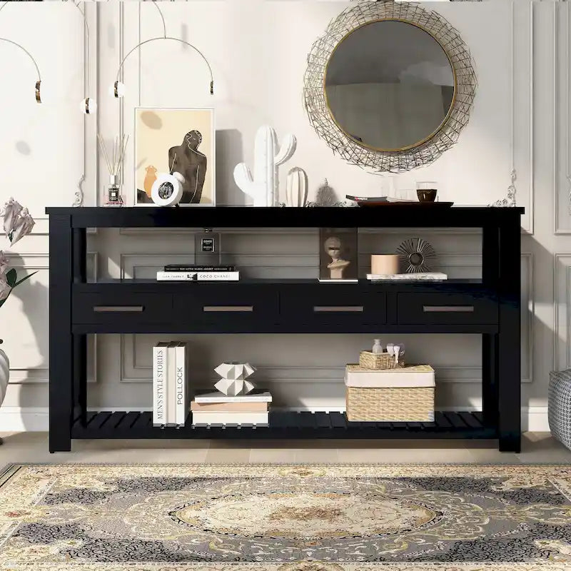 Console moderne pour salon avec 4 tiroirs et 2 étagères